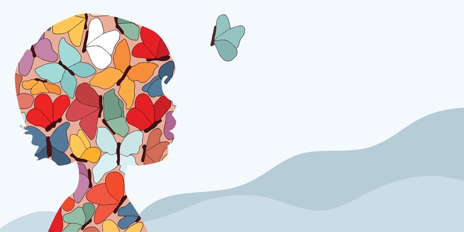 Illustration of child comprised of butterflies representing autism