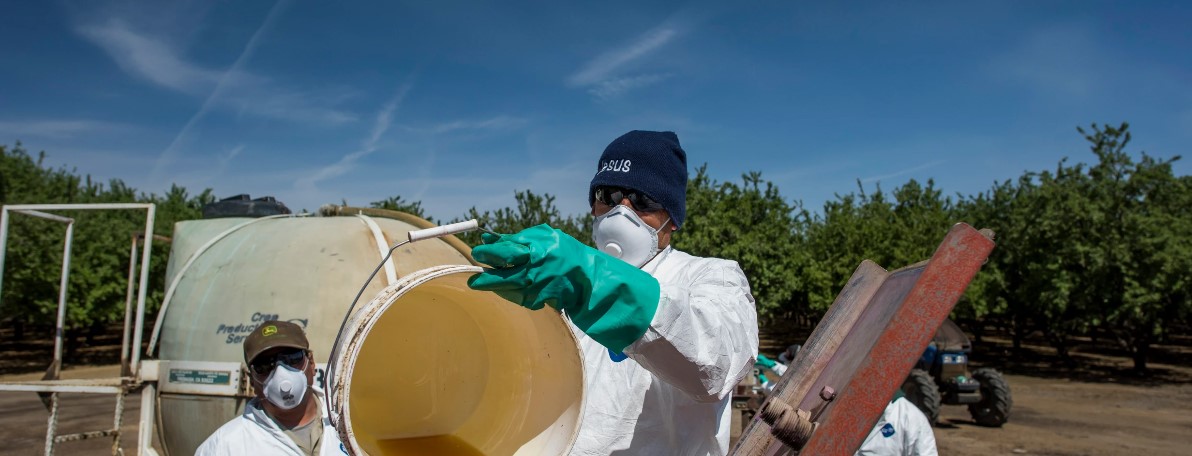 Farm workers preparing pesticides