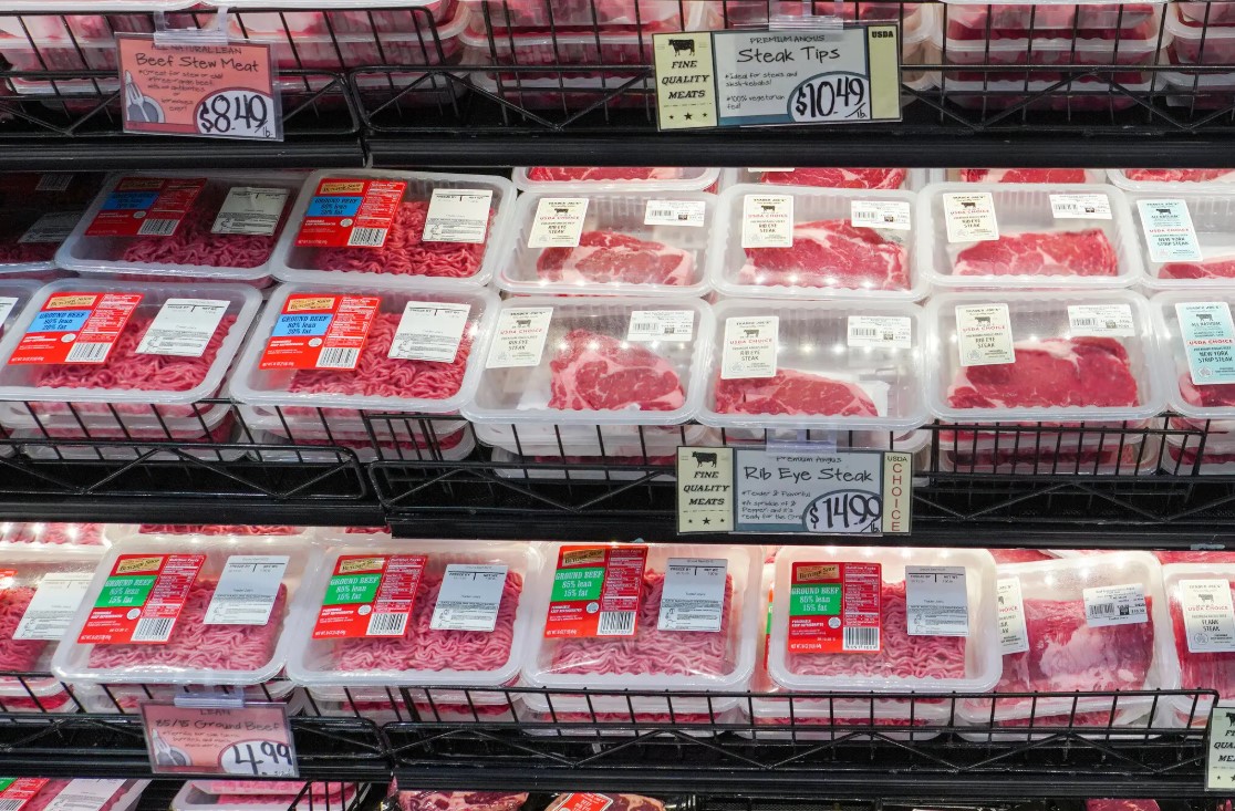 Plastic wrapped meat in grocery store