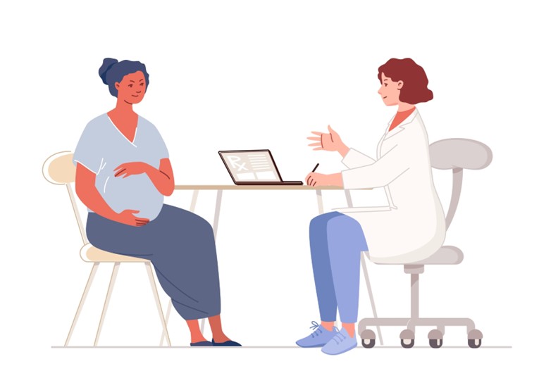 Illustration of pregnant person meeting with doctor