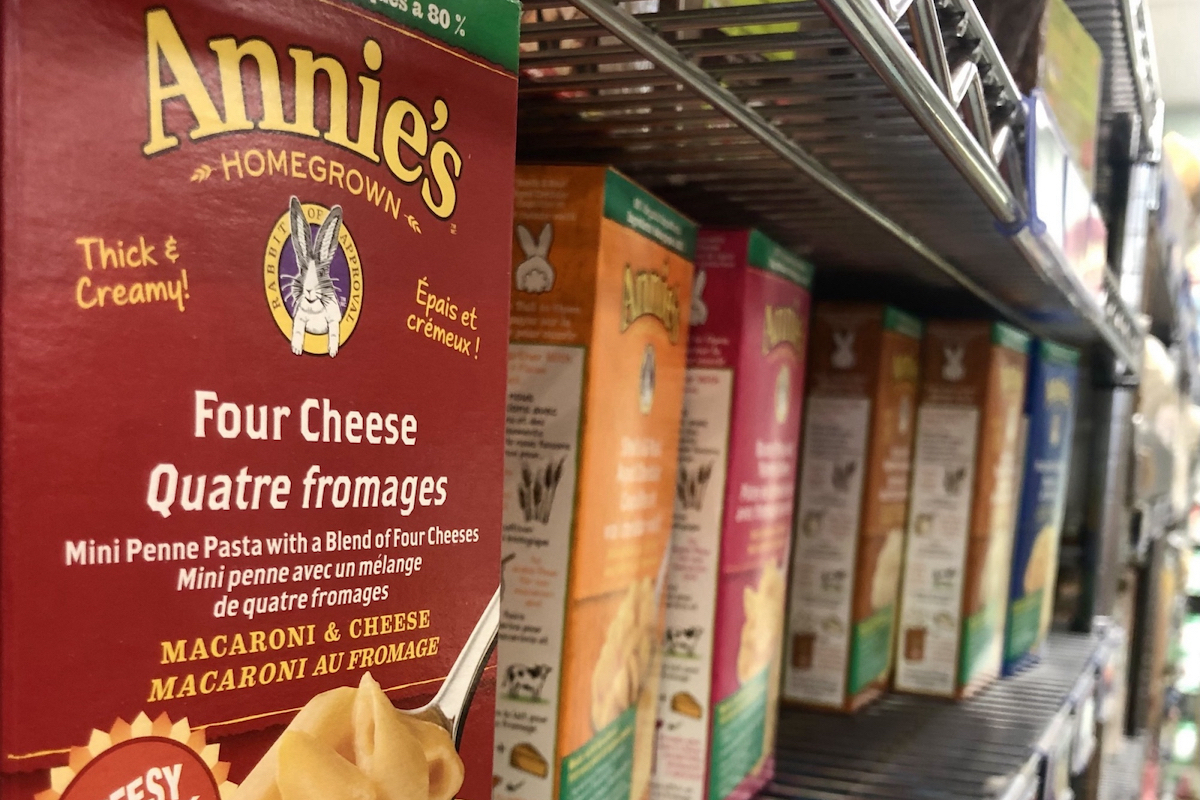 Mac and Cheese boxes on a shelf