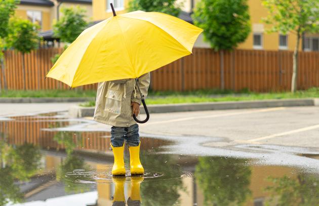 Child standing in puddle wearing yellow rainboots and holding yellow umbrella