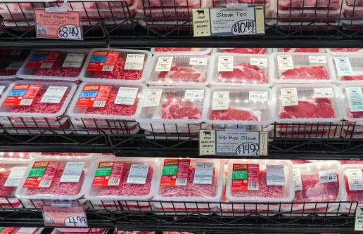 Plastic wrapped meat in grocery store