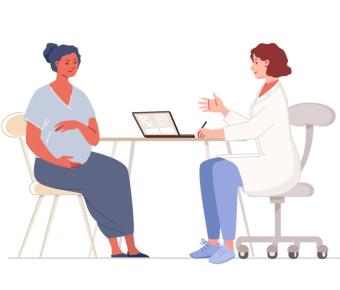 Illustration of pregnant person meeting with doctor